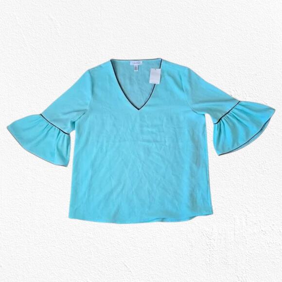 Calvin Klein Mint Green V Neck Bell Sleeve Relaxed Fit Womens Blouse Size Large - Picture 1 of 6
